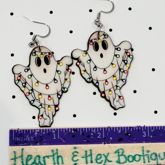 Christmas Lights Ghost Earrings Stainless Steel Hooks Holiday Horror Ghoul NEW - Picture 5 of 6